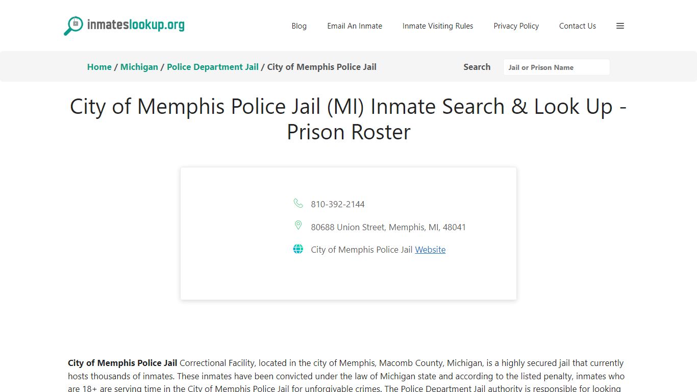 City of Memphis Police Jail (MI) Inmate Search & Look Up - Inmates lookup